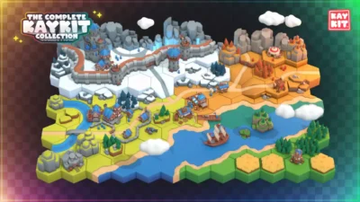 Aperçu d'une carte de jeu vidéo tactique construite avec le pack Medieval Hexagon de la collection KayKit