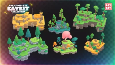 Différents modèles d'îlots flottants 3D stylisés KayKit illustrant plusieurs biomes comme la forêt ou le désert