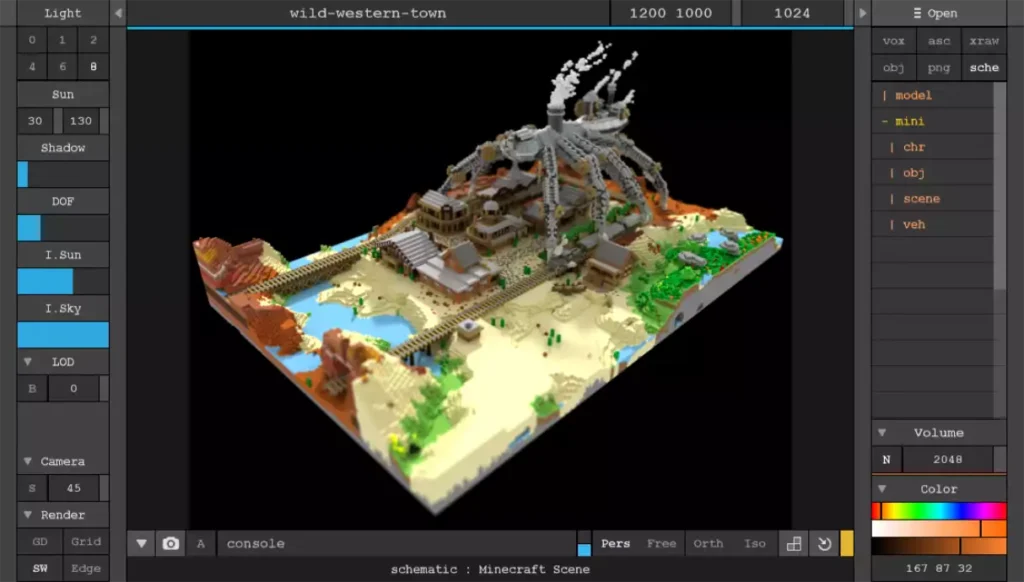 Interface logicielle de MagicaVoxel présentant l'édition d'une scène complexe de ville western avec une structure mécanique