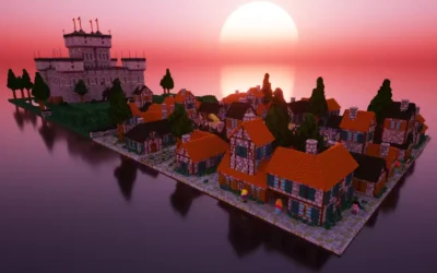 Rendu d'un village médiéval en voxel art avec un château fort sous un coucher de soleil