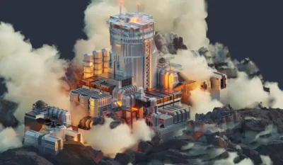 Structure industrielle futuriste en voxel art entourée de nuages volumétriques réalisée avec MagicaVoxel