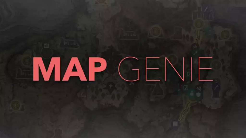 Logo textuel de MapGenie en rouge et blanc superposé sur une carte de jeu sombre parsemée d'icônes.