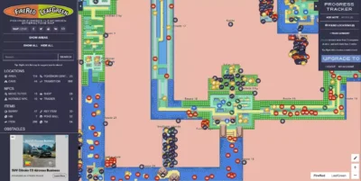 Interface de MapGenie montrant une carte interactive de Pokémon Rouge Feu avec de nombreux marqueurs de points d'intérêt