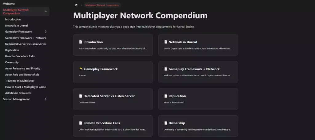 Interface de la documentation Multiplayer Network Compendium présentant les différents modules d'apprentissage du réseau sous Unreal Engine