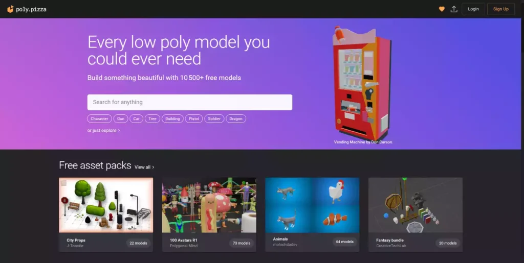 Page d'accueil de Poly Pizza présentant une barre de recherche et des packs d'assets 3D gratuits