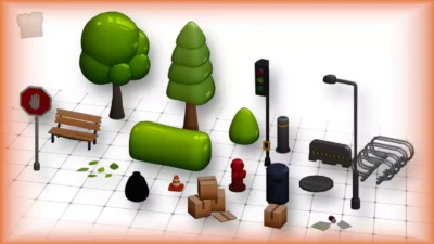 Aperçu du pack City Props sur Poly Pizza regroupant des assets de mobilier urbain stylisés et optimisés