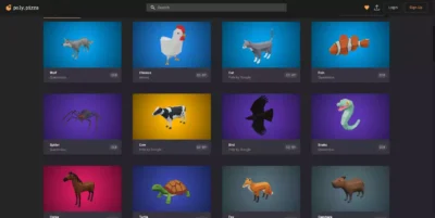 Sélection de modèles 3D d'animaux low-poly sur Poly Pizza incluant un loup, un chat et un poisson