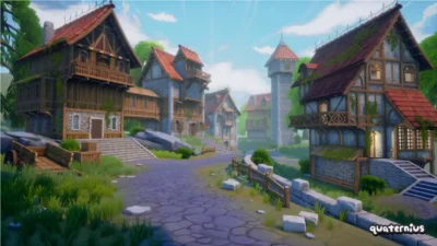 Scène d'environnement de village médiéval en 3D low-poly stylisée intégrée dans un moteur de jeu vidéo