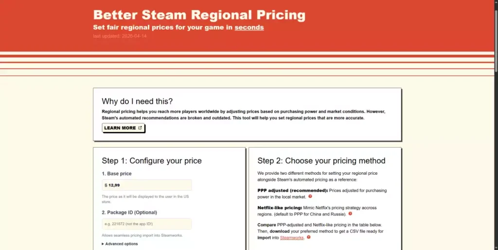 Interface de l'outil Steam Regional Pricing sur le site HushCrasher présentant les étapes de configuration des prix