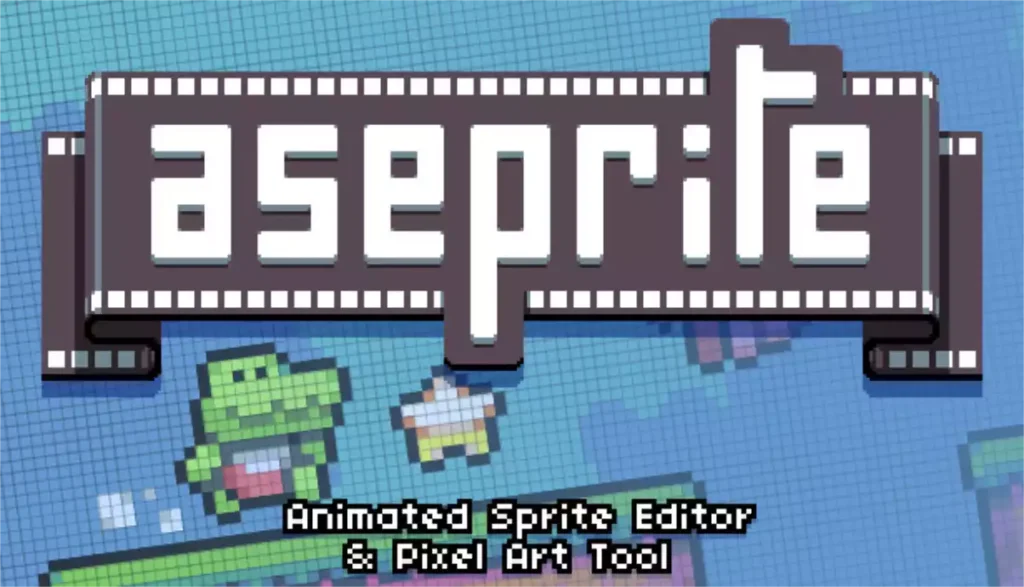 Logo d'Aseprite stylisé comme une pellicule de film pixelisée, positionné au-dessus de petits personnages et d'objets en pixel art sur un fond de grille de canvas