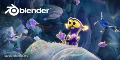 Logo de Blender Studio sur une illustration stylisée de créatures colorées pour la production de films d'animation
