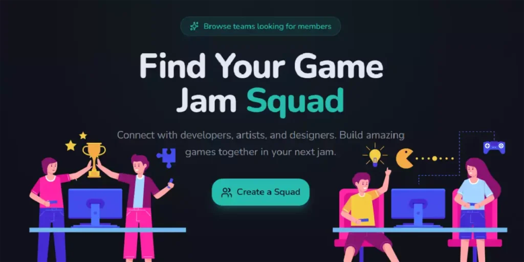 Illustration stylisée de créateurs et créatrices de jeux vidéo collaborant autour d'ordinateurs pour former une équipe de game jam