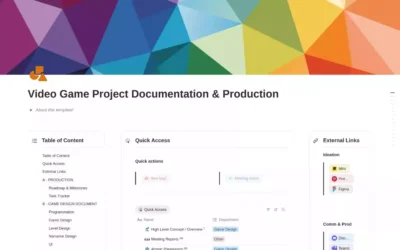 Aperçu d'une page Notion Video Game Project Documentation & Production structurant la gestion de projet et le GDD