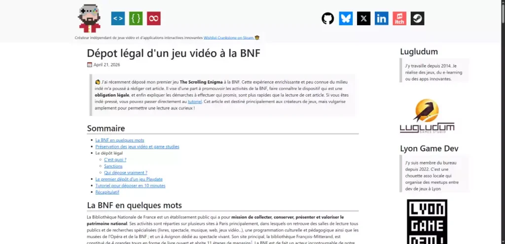 Interface du blog de Lugludum présentant un article détaillé sur les démarches du dépôt légal d'un jeu vidéo à la BNF