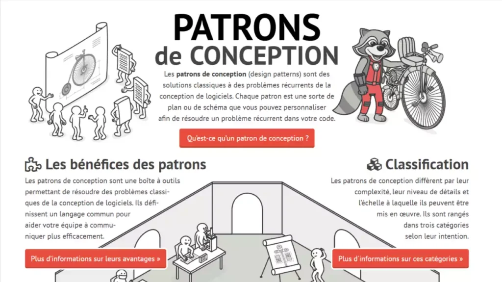 Page d'accueil du guide Refactoring.Guru expliquant les patrons de conception comme solutions aux problèmes récurrents de programmation de jeux