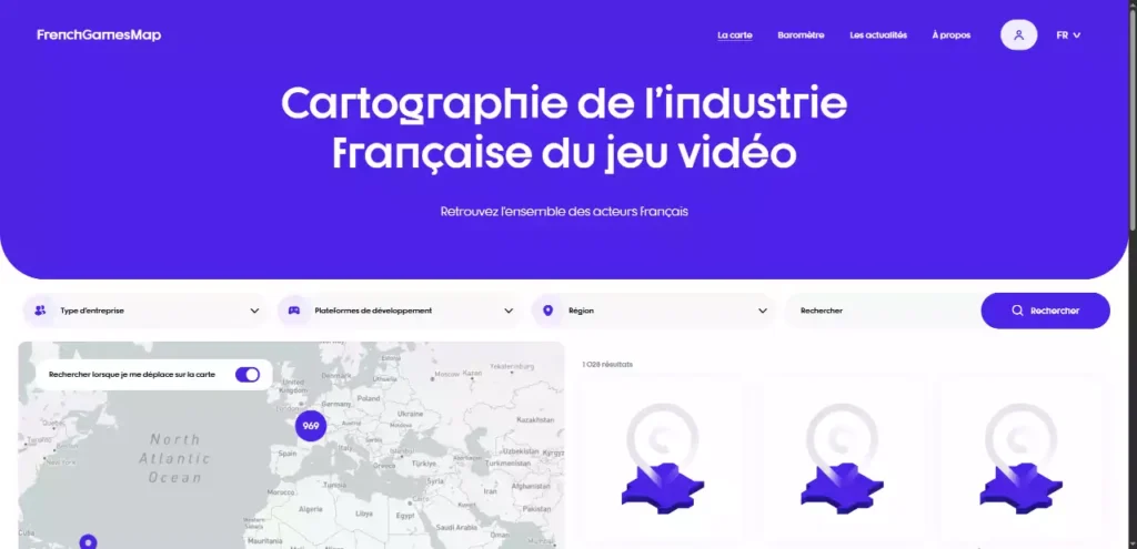 Plateforme FrenchGamesMap répertoriant sur une carte interactive l'ensemble des studios et acteurs de l'industrie française du jeu vidéo