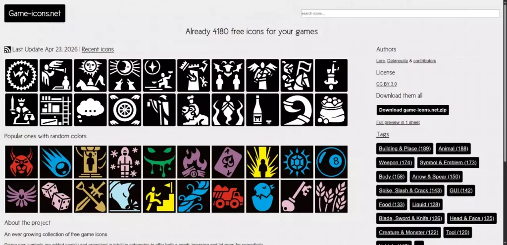 Bibliothèque d'assets de Game-icons.net affichant des milliers d'icônes gratuites classées par catégories techniques comme le GUI ou les armes