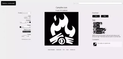 Éditeur en ligne de Game-icons.net permettant de personnaliser et télécharger une icône de feu de camp en format SVG ou PNG