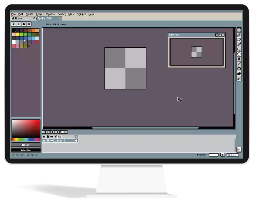 Interface de création de pixel art sur le logiciel Aseprite, montrant la gestion des calques et la palette de couleurs