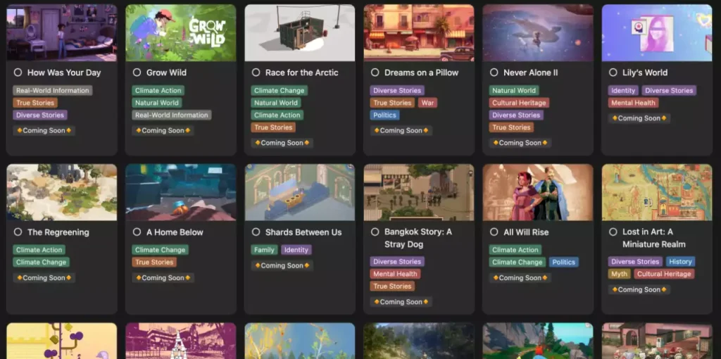 Vue en grille de la base de données Notion Episod's List of Impact Games présentant des fiches de jeux vidéo avec leurs visuels, titres et tags de thématiques sociales