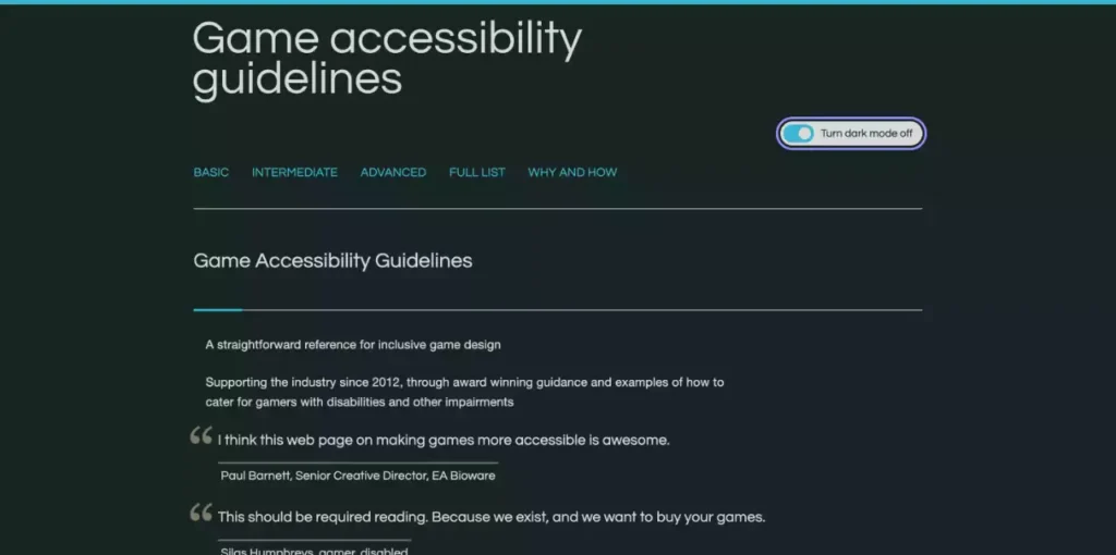 Page d'accueil du site Game Accessibility Guidelines présentant des recommandations pour le design inclusif, avec des citations de professionnels de l'industrie