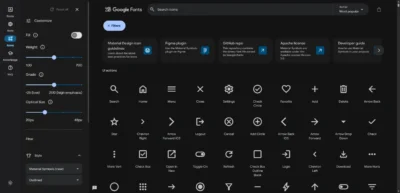 Catalogue d'icônes vectorielles de Google Fonts triées par catégories pour le design d'interface de jeux