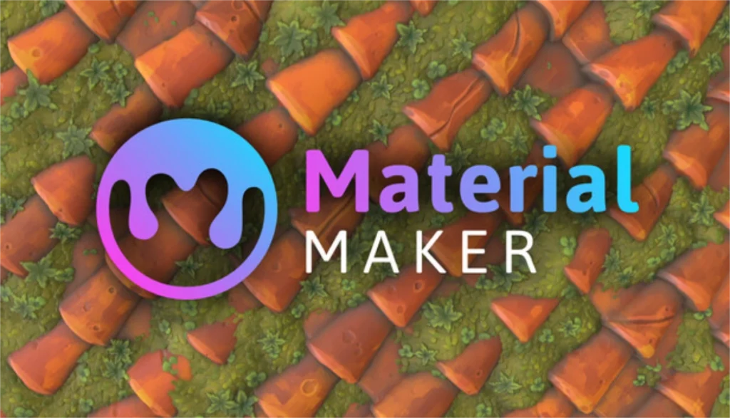 Logo officiel de Material Maker affiché sur une texture procédurale de tuiles ocres pour décors 3D