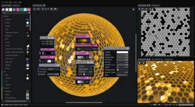 Interface de création de textures procédurales sur Material Maker montrant un graphe de nœuds pour shader PBR