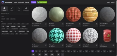 Interface de la bibliothèque en ligne Material Maker présentant une sélection de textures et de matériaux PBR téléchargeables