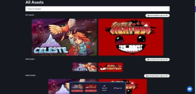 Outil en ligne affichant les formats de capsules de jeux Steam avec les illustrations de Celeste et Super Meat Boy