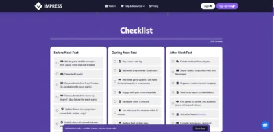 Interface d'Impress présentant une liste de tâches à cocher avant, pendant et après le Steam Next Fest