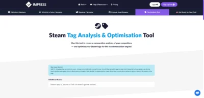 Page d'accueil de l'outil d'analyse et d'optimisation des tags Steam développé par la plateforme Impress