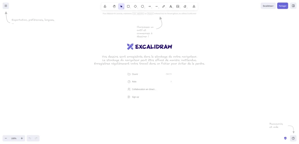 Interface d'accueil d'Excalidraw affichant un canevas blanc minimaliste et des outils de dessin manuscrit