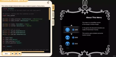 Aperçu d'une page du Godot Tween Guide présentant une démo technique pour créer un menu de style Hollow Knight grâce aux tweens, avec le code GDScript associé.