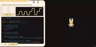 Exemple interactif du Godot Tween Guide illustrant l'utilisation conjointe d'un tween et d'une courbe pour animer un sprite de lapin en pixel art.