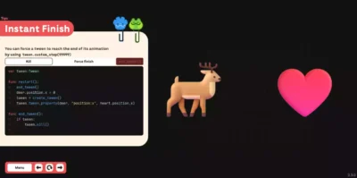 Démonstration dans le Godot Tween Guide de la fonctionnalité 'Instant Finish', montrant comment forcer la fin d'une animation tween entre un cerf et un cœur.