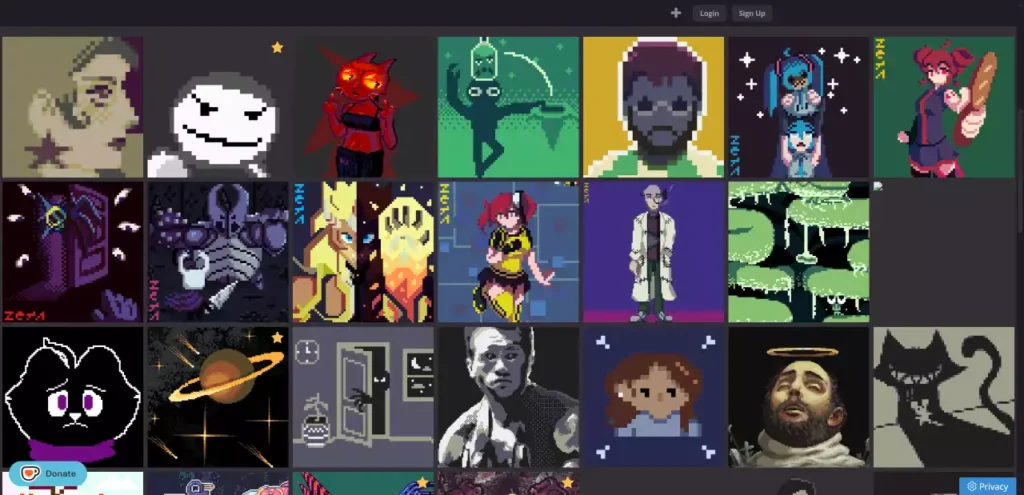 Galerie d'œuvres en pixel art de différents styles de personnages sur la plateforme créative Lospec