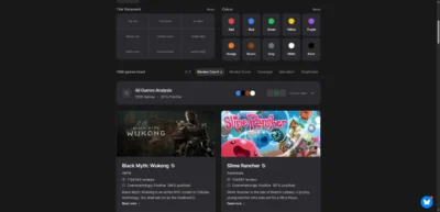 Outil de recherche de Steam Capsule affichant les analyses de visuels pour Black Myth Wukong et Slime Rancher