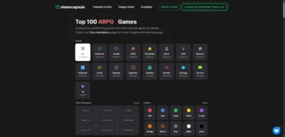 Interface de filtrage de Steam Capsule classant les jeux par genre, position de logo et palette de couleurs