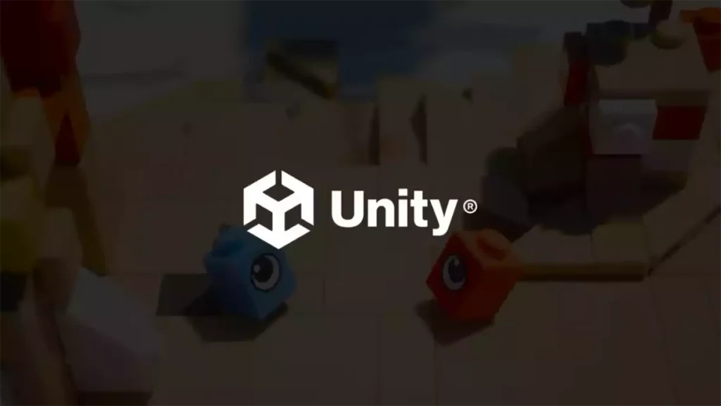 Logo officiel de Unity affiché en blanc sur un arrière-plan flouté de jeu vidéo composé de blocs colorés