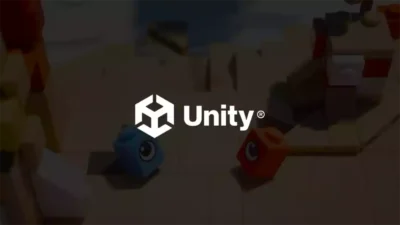 Logo officiel de Unity affiché en blanc sur un arrière-plan flouté de jeu vidéo composé de blocs colorés