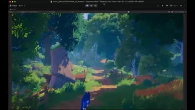 Capture d'écran du moteur Unity 6 affichant un environnement forestier stylisé en 3D avec un personnage canin