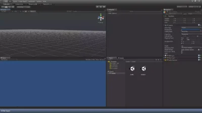 Interface de l'éditeur Unity affichant une scène 3D vide avec sa grille au sol et ses différents panneaux techniques de configuration