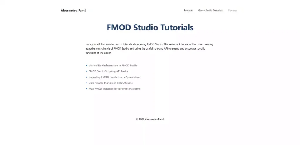 Liste de guides en ligne sur le site d'Alessandro Famà dédiés à l'apprentissage du logiciel FMOD Studio.
