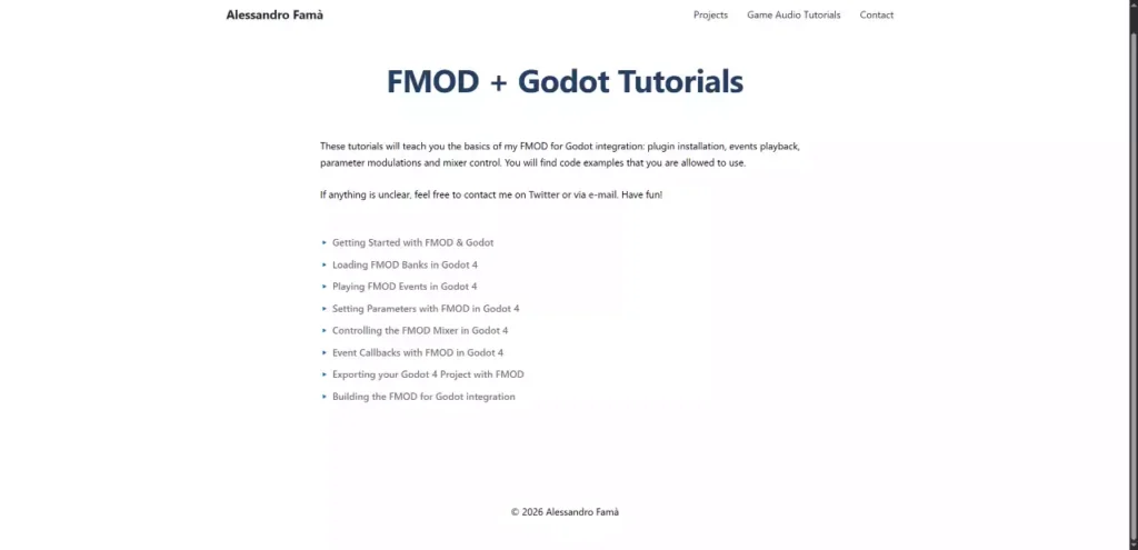 Page web d'Alessandro Famà listant une série de tutoriels d'intégration FMOD pour le moteur Godot 4.