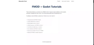 Page web d'Alessandro Famà listant une série de tutoriels d'intégration FMOD pour le moteur Godot 4.