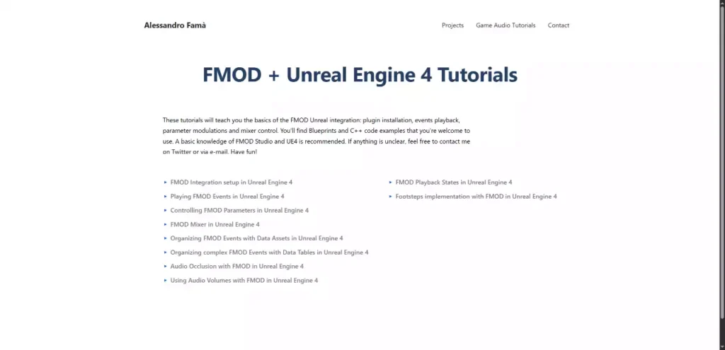 Index de tutoriels d'Alessandro Famà expliquant pas à pas l'intégration de FMOD dans Unreal Engine 4.