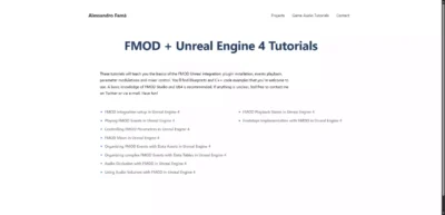 Index de tutoriels d'Alessandro Famà expliquant pas à pas l'intégration de FMOD dans Unreal Engine 4.