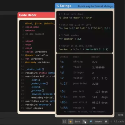 Interface du plugin Cheatsheet Viewer pour Godot présentant une fiche d'aide au formatage de chaînes de caractères.