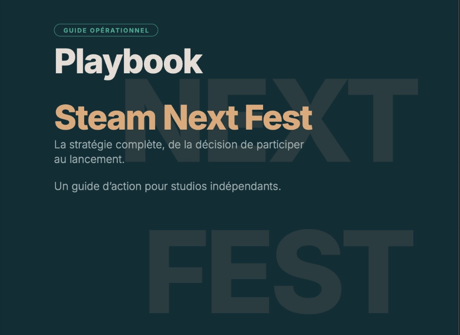 Page de garde du Playbook Steam Next Fest, un guide stratégique et opérationnel dédié aux studios de jeux vidéo indépendants